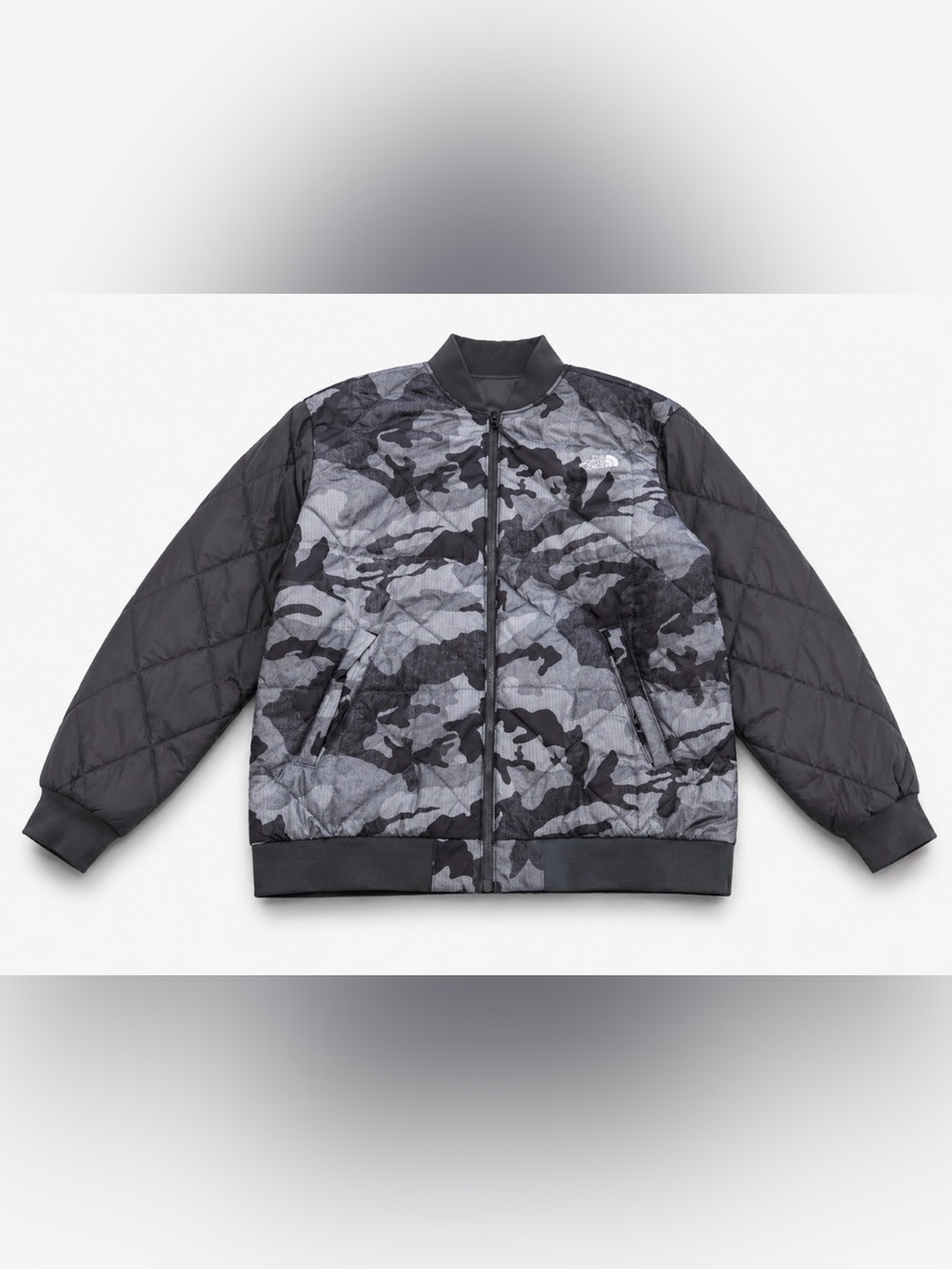 The North Face Reversible Bomber Jacket Gray Camo Quilted Men's 2XL Full Zip